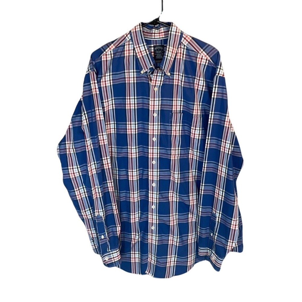 Brooks Brothers Plaid Shirt Men's 1XL Non-Iron Button Down Long Sleeve Blue Red‎